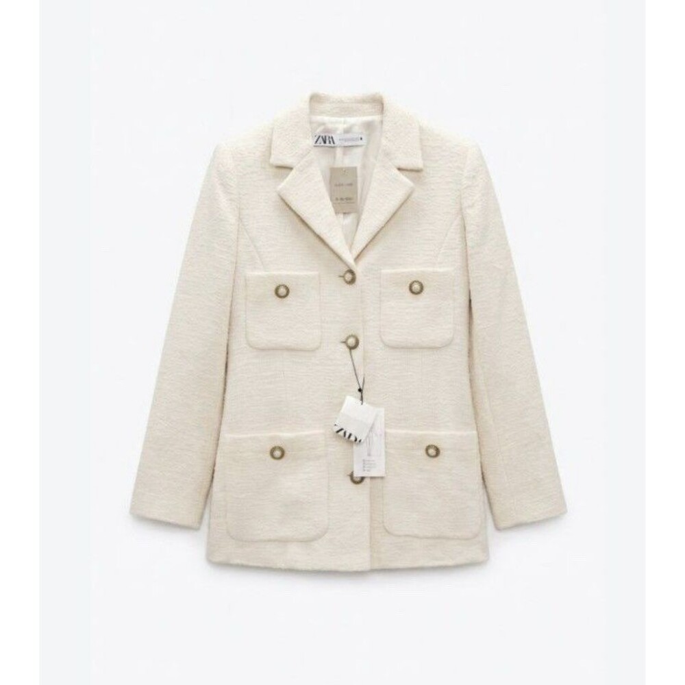 ZARA Boucle Tweed Like Ivory Jacket Size Large Button Close Pockets Lined